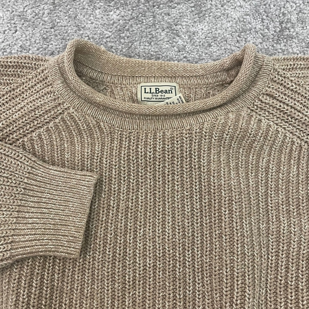 LL Bean Sweater Mens Large Roll Neck Knit Oatmeal Cotton Raglan Grandpa